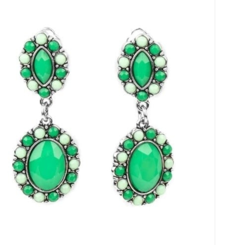 Positively Pampered Paparazzi Green and Silver Oval Clip On Earrings Fashion